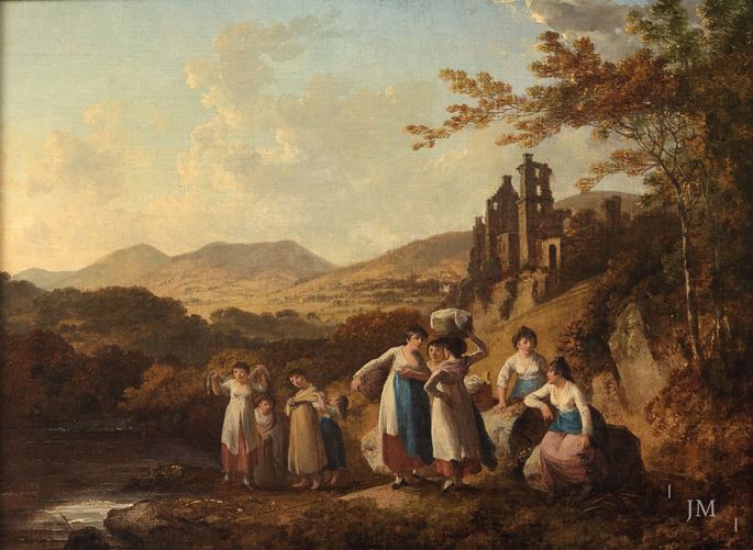 Julius Caesar Ibbetson - View of Roslin Castle with Washerwomen by the River North Esk, Midlothian | MasterArt